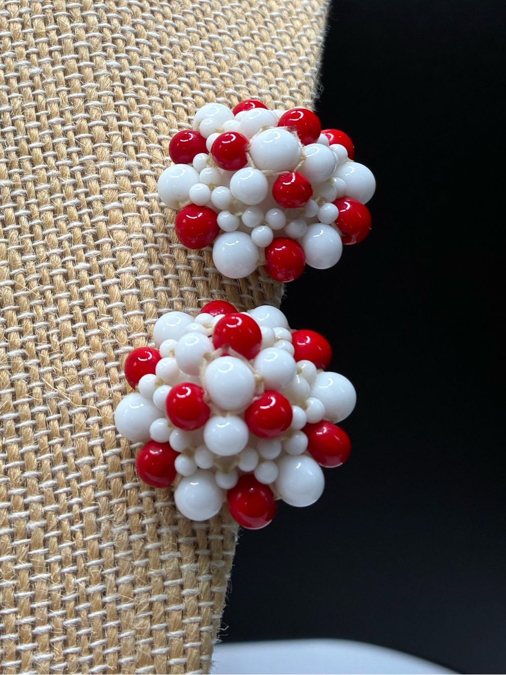 Vintage Red & White Beaded Cluster Clip-On Earrings